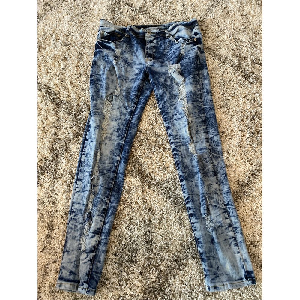Red Fox Jeans Womens 19‎ Blue Acid Wash Distressed Skinny Denim Pants Streetwear